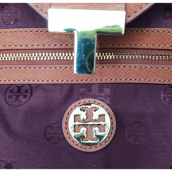 Tory Burch Purple Nylon Brown Leather Trim Double Handle Satchel Shoulder Bag - Picture 12 of 16